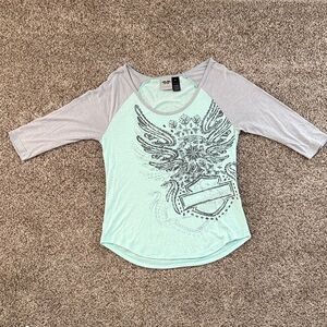 Harley-Davidson Mint and Gray Graphic 3/4 Sleeve Tee